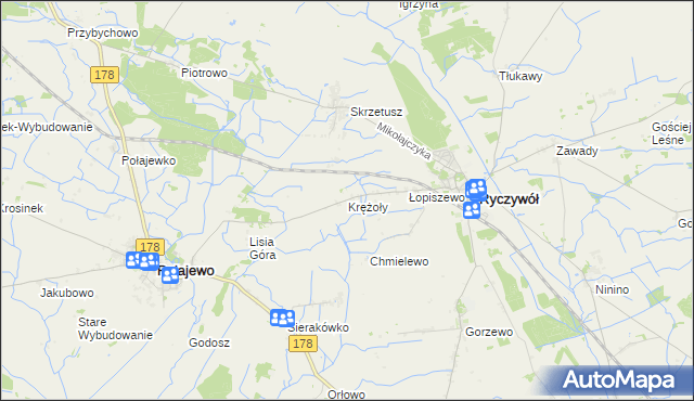 mapa Krężoły gmina Ryczywół, Krężoły gmina Ryczywół na mapie Targeo