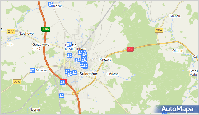 mapa Krężoły gmina Sulechów, Krężoły gmina Sulechów na mapie Targeo