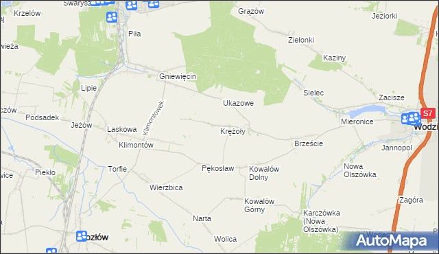 mapa Krężoły gmina Wodzisław, Krężoły gmina Wodzisław na mapie Targeo