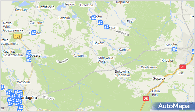 mapa Królewska Wola gmina Międzybórz, Królewska Wola gmina Międzybórz na mapie Targeo