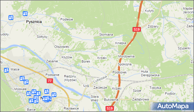 mapa Krzaki gmina Pysznica, Krzaki gmina Pysznica na mapie Targeo