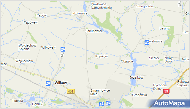 mapa Krzyków gmina Wilków, Krzyków gmina Wilków na mapie Targeo