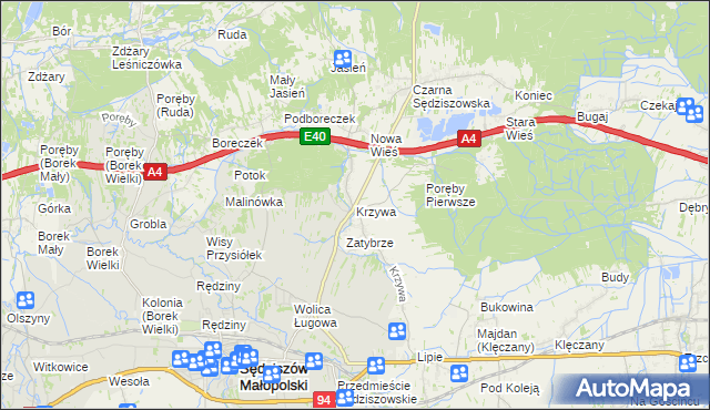 mapa Krzywa gmina Sędziszów Małopolski, Krzywa gmina Sędziszów Małopolski na mapie Targeo