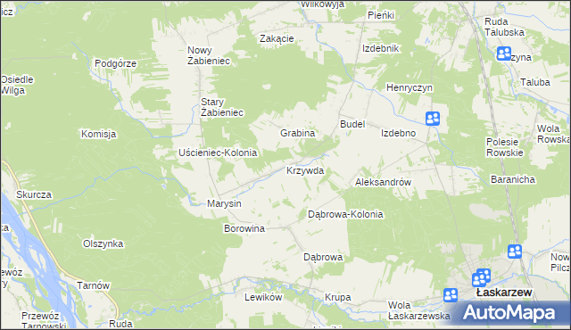 mapa Krzywda gmina Łaskarzew, Krzywda gmina Łaskarzew na mapie Targeo