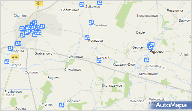 mapa Krzyżanki gmina Pępowo, Krzyżanki gmina Pępowo na mapie Targeo