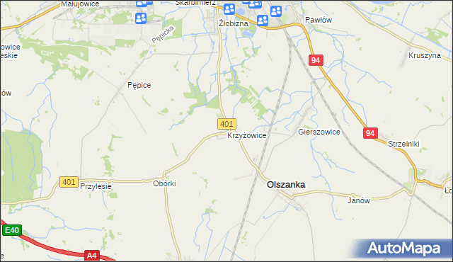 mapa Krzyżowice gmina Olszanka, Krzyżowice gmina Olszanka na mapie Targeo