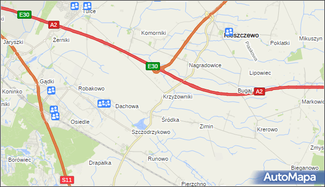 mapa Krzyżowniki gmina Kleszczewo, Krzyżowniki gmina Kleszczewo na mapie Targeo