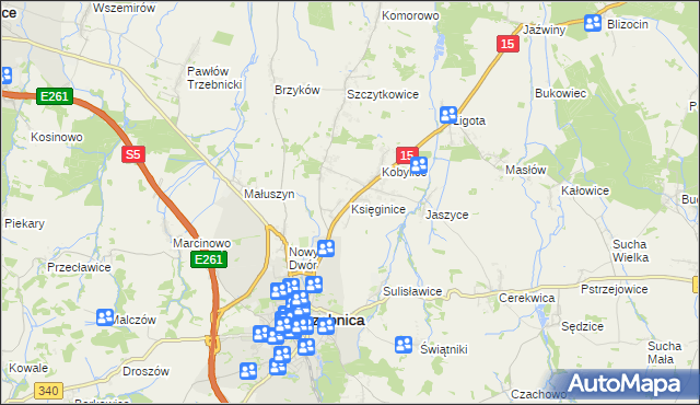 mapa Księginice gmina Trzebnica, Księginice gmina Trzebnica na mapie Targeo