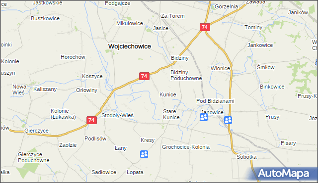 mapa Kunice gmina Wojciechowice, Kunice gmina Wojciechowice na mapie Targeo