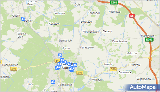 mapa Kuraszków gmina Oborniki Śląskie, Kuraszków gmina Oborniki Śląskie na mapie Targeo