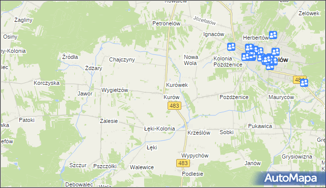 mapa Kurów gmina Zelów, Kurów gmina Zelów na mapie Targeo