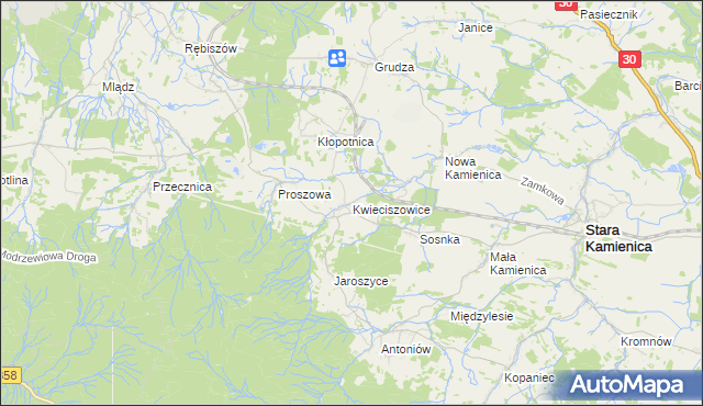 mapa Kwieciszowice, Kwieciszowice na mapie Targeo