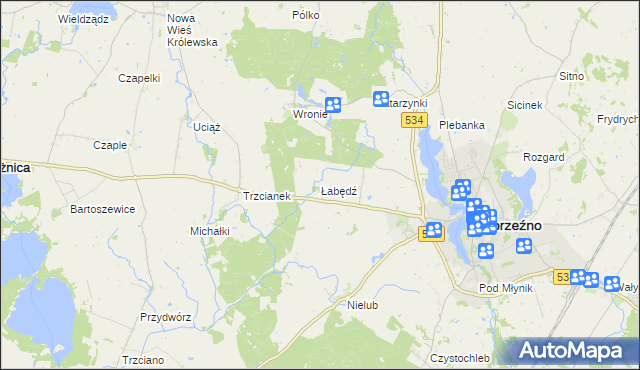 mapa Łabędź gmina Ryńsk, Łabędź gmina Ryńsk na mapie Targeo