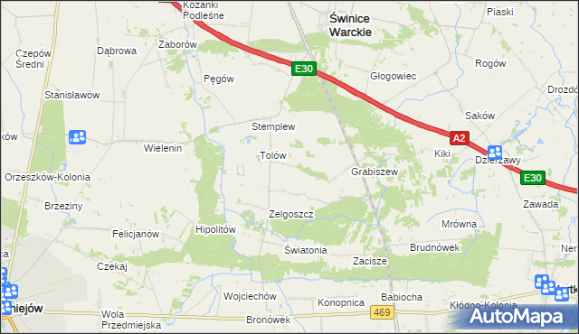 mapa Ładawy gmina Świnice Warckie, Ładawy gmina Świnice Warckie na mapie Targeo