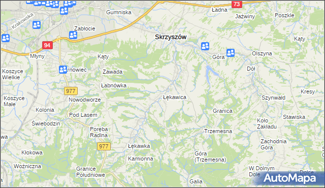 mapa Łękawica gmina Skrzyszów, Łękawica gmina Skrzyszów na mapie Targeo