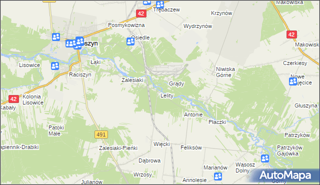 mapa Lelity gmina Popów, Lelity gmina Popów na mapie Targeo