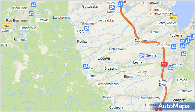 mapa Lipowa powiat żywiecki, Lipowa powiat żywiecki na mapie Targeo