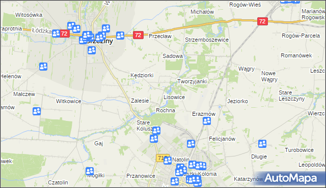 mapa Lisowice gmina Koluszki, Lisowice gmina Koluszki na mapie Targeo