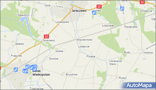 mapa Łowęcice gmina Jaraczewo, Łowęcice gmina Jaraczewo na mapie Targeo