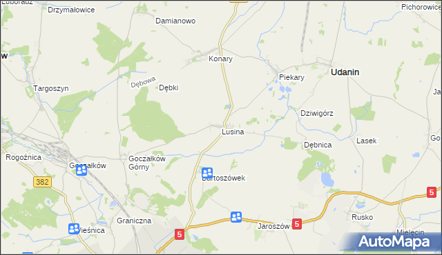 mapa Lusina gmina Udanin, Lusina gmina Udanin na mapie Targeo