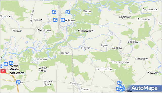 mapa Lutynia gmina Nowe Miasto nad Wartą, Lutynia gmina Nowe Miasto nad Wartą na mapie Targeo
