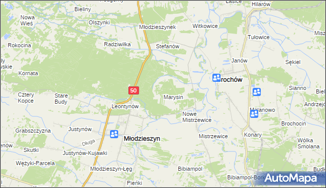 mapa Marysin gmina Młodzieszyn, Marysin gmina Młodzieszyn na mapie Targeo