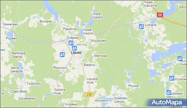 mapa Mechowo gmina Lipusz, Mechowo gmina Lipusz na mapie Targeo