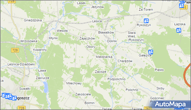 mapa Miedzianka gmina Chęciny, Miedzianka gmina Chęciny na mapie Targeo