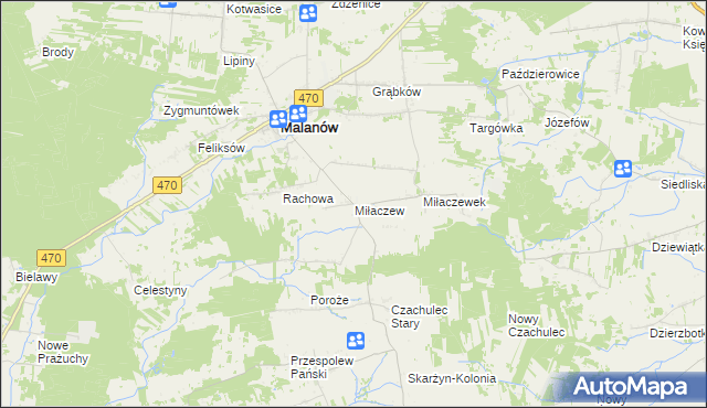 mapa Miłaczew gmina Malanów, Miłaczew gmina Malanów na mapie Targeo