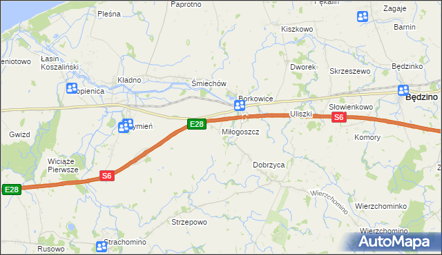 mapa Miłogoszcz gmina Będzino, Miłogoszcz gmina Będzino na mapie Targeo