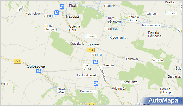 mapa Milonki gmina Trzyciąż, Milonki gmina Trzyciąż na mapie Targeo