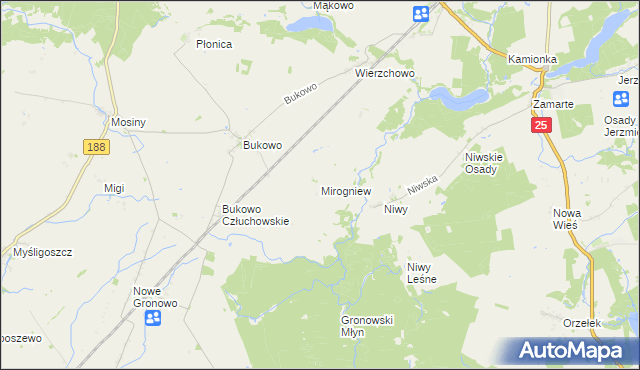mapa Mirogniew gmina Człuchów, Mirogniew gmina Człuchów na mapie Targeo