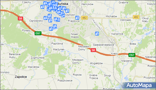 mapa Młodawin Dolny, Młodawin Dolny na mapie Targeo