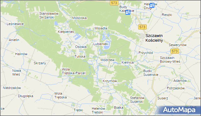 mapa Modrzew gmina Szczawin Kościelny, Modrzew gmina Szczawin Kościelny na mapie Targeo