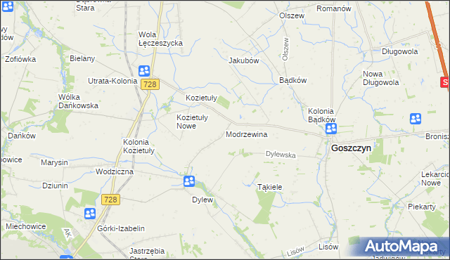 mapa Modrzewina gmina Goszczyn, Modrzewina gmina Goszczyn na mapie Targeo