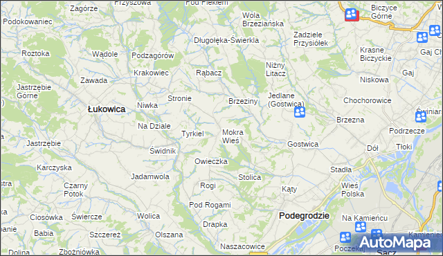 mapa Mokra Wieś gmina Podegrodzie, Mokra Wieś gmina Podegrodzie na mapie Targeo