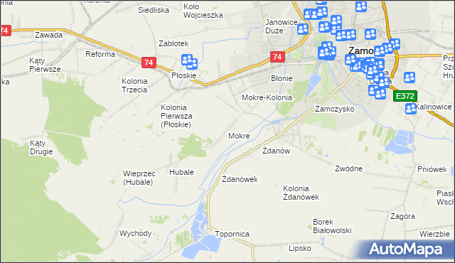 mapa Mokre gmina Zamość, Mokre gmina Zamość na mapie Targeo