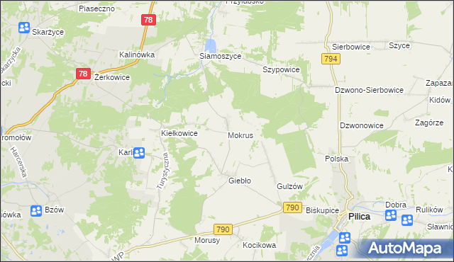 mapa Mokrus gmina Ogrodzieniec, Mokrus gmina Ogrodzieniec na mapie Targeo