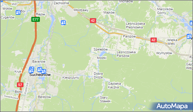 mapa Mostki gmina Suchedniów, Mostki gmina Suchedniów na mapie Targeo