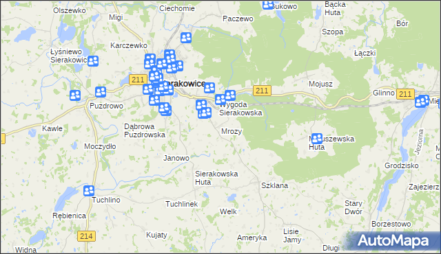 mapa Mrozy gmina Sierakowice, Mrozy gmina Sierakowice na mapie Targeo