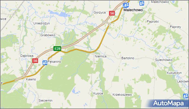 mapa Niemica gmina Malechowo, Niemica gmina Malechowo na mapie Targeo