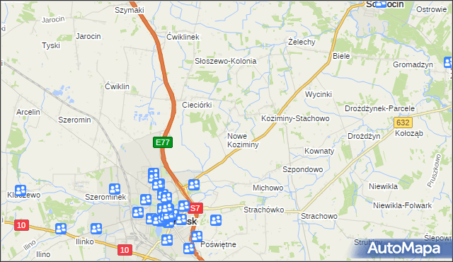 mapa Nowe Koziminy, Nowe Koziminy na mapie Targeo
