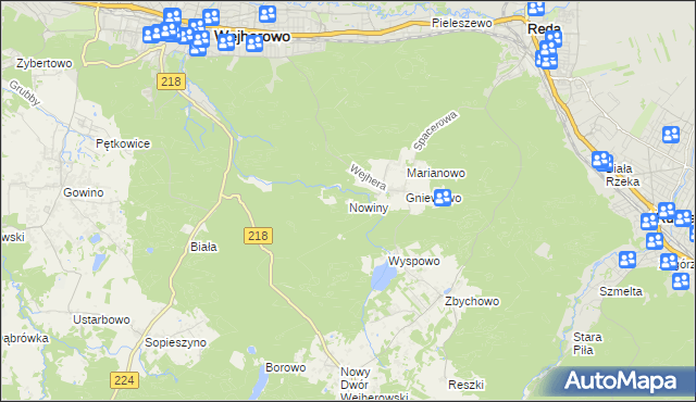 mapa Nowiny gmina Wejherowo, Nowiny gmina Wejherowo na mapie Targeo