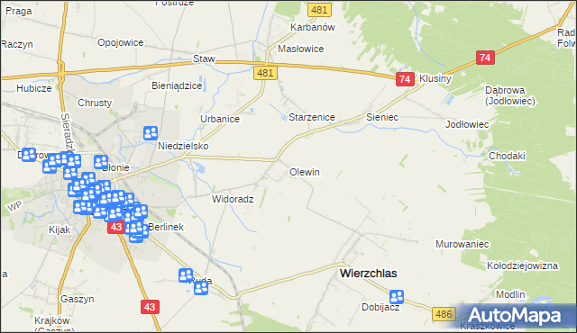 mapa Olewin gmina Wieluń, Olewin gmina Wieluń na mapie Targeo
