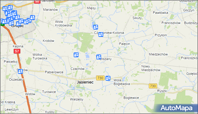 mapa Olszany gmina Jasieniec, Olszany gmina Jasieniec na mapie Targeo