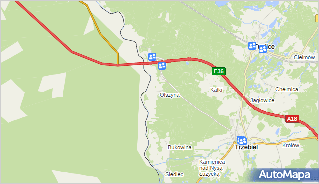 mapa Olszyna gmina Trzebiel, Olszyna gmina Trzebiel na mapie Targeo