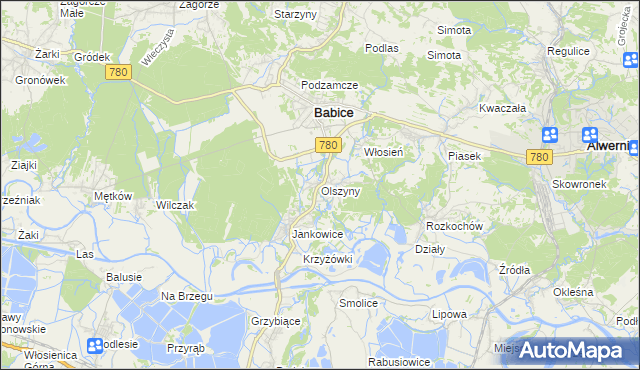 mapa Olszyny gmina Babice, Olszyny gmina Babice na mapie Targeo