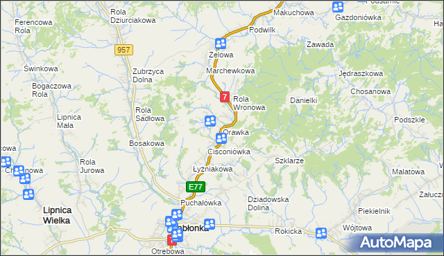 mapa Orawka gmina Jabłonka, Orawka gmina Jabłonka na mapie Targeo