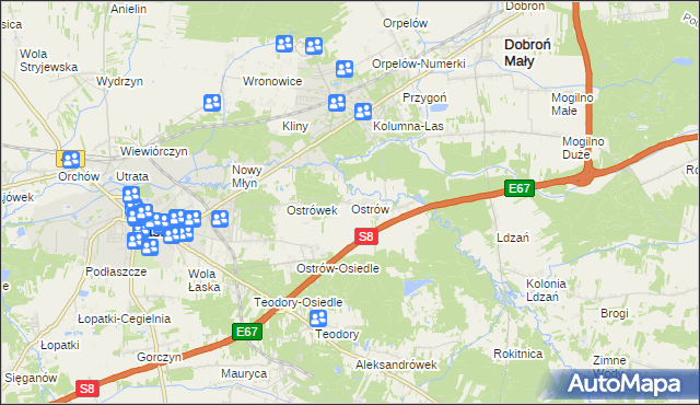 mapa Ostrów gmina Łask, Ostrów gmina Łask na mapie Targeo