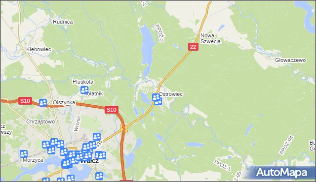 mapa Ostrowiec gmina Wałcz, Ostrowiec gmina Wałcz na mapie Targeo